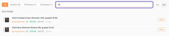 The filter box with #2 typed in it, and the list below showing only the two items bought by buyer number 2.