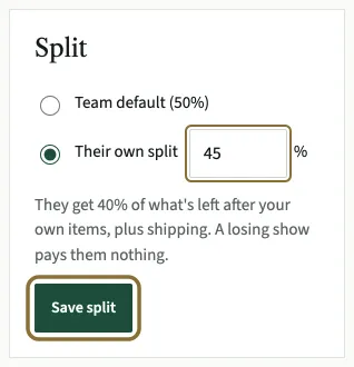 The Split box on a consigner page, with Their own split picked and 45 typed in, and the Save split button circled.
