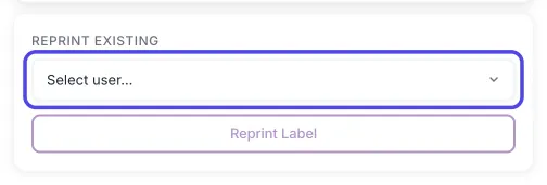 The Reprint Existing box in Username Tracking with the Select user... list circled.