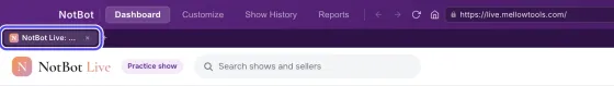 The top left of the NotBot window: the purple top bar with the address live.mellowtools.com, and under it the platform tab, circled, with the top of the practice marketplace NotBot Live below.