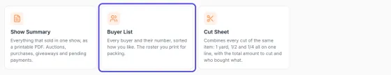 The three ready-made reports, Show Summary, Buyer List and Cut Sheet, with the Buyer List box circled.