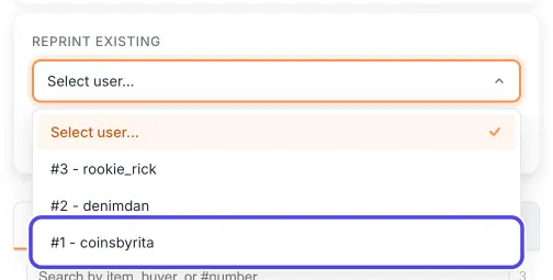 The open buyer list showing #3 - rookie_rick, #2 - denimdan and #1 - coinsbyrita, with #1 - coinsbyrita circled.