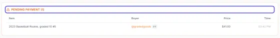 The orange PENDING PAYMENT (1) box at the bottom of the Summary tab, listing 2023 Basketball Rookie, graded 10 #5 bought by gradedgoods.