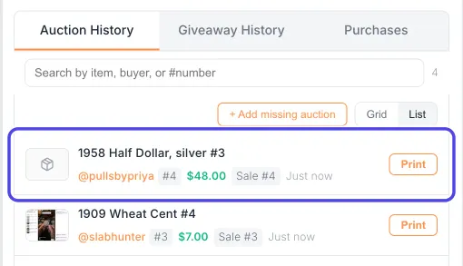 Auction History with the hand-added sale, 1958 Half Dollar, silver #3 won by pullsbypriya, circled at the top of the list.