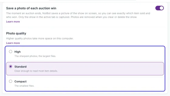 The top box on the Capture & photos page: the Save a photo of each auction win switch, on, and Photo quality with High, Standard (picked) and Compact. The Photo quality choices are circled.
