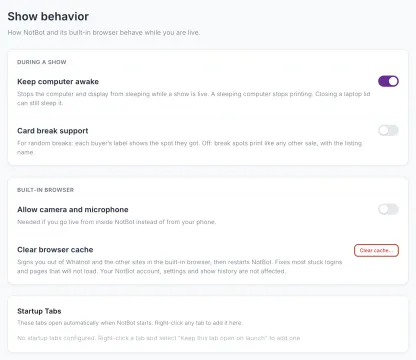The Show behavior page with Keep computer awake, Card break support, Allow camera and microphone, Clear cache, and the startup tabs list.