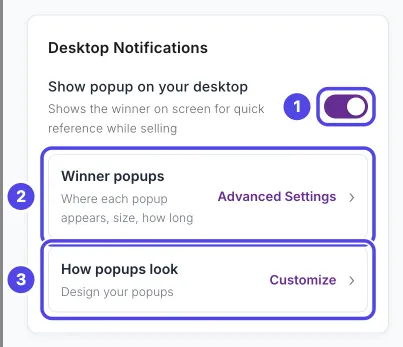 The Desktop Notifications card: 1 the Show popup on your desktop switch, turned on, 2 the Winner popups row and 3 the How popups look row.