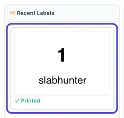 Recent Labels with a single label, box number 1 for slabhunter, marked Printed. There is no label for coinsbyrita.