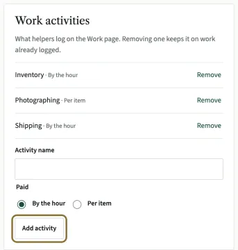 The Work activities box listing Inventory by the hour, Photographing per item and Shipping by the hour, with the Add activity button circled.