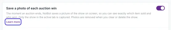 The Save a photo of each auction win setting on the Capture & photos page, with the Learn more link under it circled.