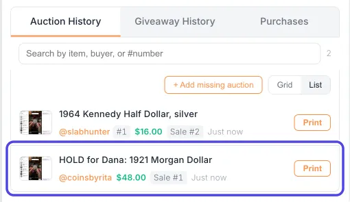 The Auction History tab listing 1964 Kennedy Half Dollar, silver won by slabhunter and HOLD for Dana: 1921 Morgan Dollar won by coinsbyrita. The coinsbyrita row is circled.