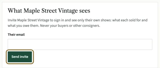 The What Maple Street Vintage sees box with the Their email box and the Send invite button circled.