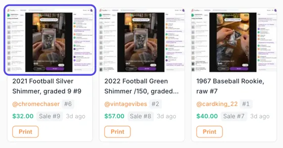 Auction cards in grid view, each with a photo of the show screen on top, then the item name, buyer, buyer number, price and a Print button. The first photo is circled.
