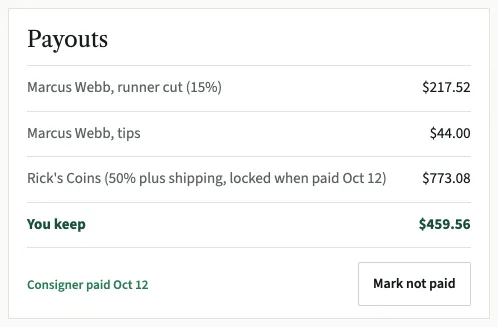 The Payouts box of a show whose consigner is paid: the runner's cut with its percent and their tips, the consigner's payout with its split plus shipping, locked when paid, You keep, and the date the consigner was paid.