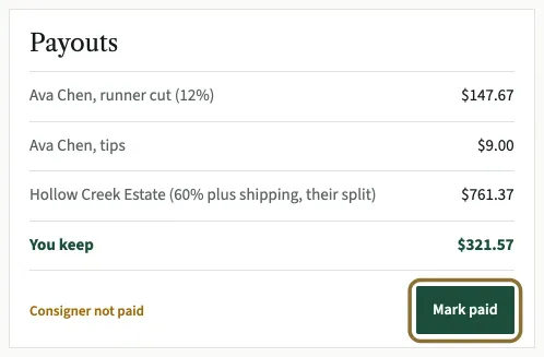 The bottom of a show's Payouts box: You keep, Consigner not paid, and the Mark paid button circled.