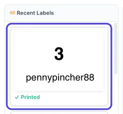 The Recent Labels column with the newest printed label circled.