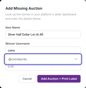 The Add Missing Auction window with coins typed in Winner Username and a list below it showing @coinsbyrita with buyer number #1, circled.