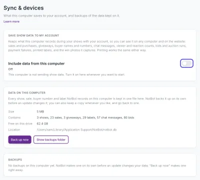 The Sync & devices page with the Save show data to my account card and the Include data from this computer switch, and the Data on this computer card below.