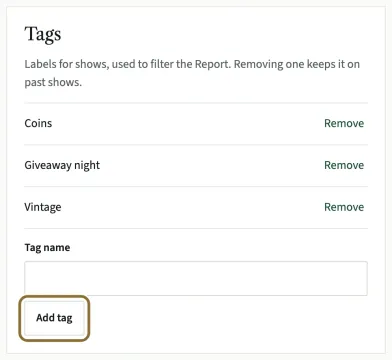 The Tags box listing Coins, Giveaway night and Vintage, with the Add tag button circled.