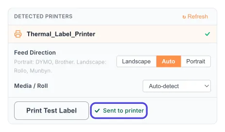 The Print Test Label button with the green message Sent to printer circled next to it.