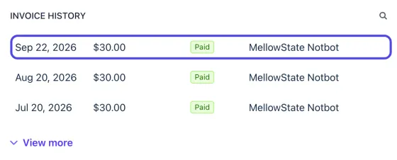The Invoice history part of the billing page, listing paid $30.00 monthly bills with View more under them, and the newest bill at the top circled.
