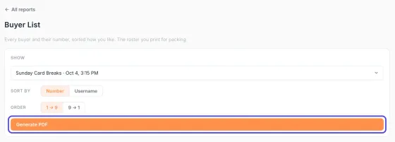 The Buyer List page with the show picked, the Sort by buttons Number and Username, the Order buttons 1 to 9 and 9 to 1, and the orange Generate PDF button circled.