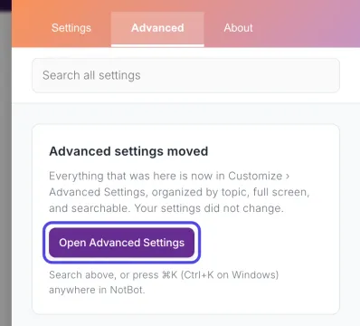 The Advanced tab of the drawer, which says Advanced settings moved, with the Open Advanced Settings button circled.