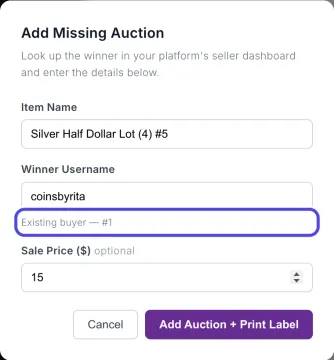 The Add Missing Auction window after picking coinsbyrita, with the Existing buyer #1 line under the username box circled.