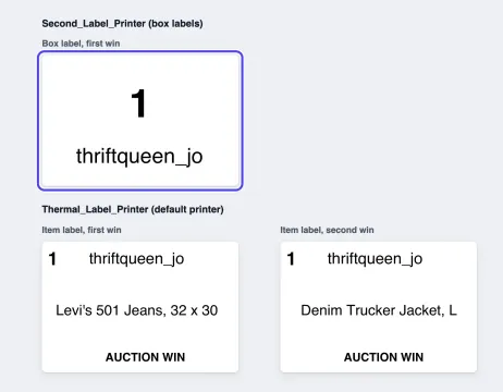 The labels each printer printed. Second_Label_Printer: one box label, number 1, thriftqueen_jo. Thermal_Label_Printer: two item labels for thriftqueen_jo, the jeans and the jacket. The box label is circled.