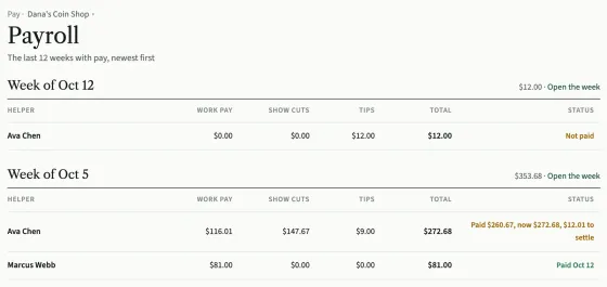 The Payroll page: this week with Ava Chen not paid, and last week with Ava Chen paid with an amount to settle and Marcus Webb paid.