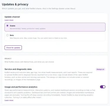 The Updates & privacy page with the Stable and Beta update channel choices, the Check for updates button, and the Privacy card.
