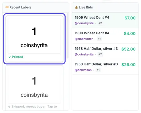 Recent Labels with the newest label circled: buyer 1, coinsbyrita, marked Printed. Below it, the label for their 2nd win says Skipped, repeat buyer. Tap to print.