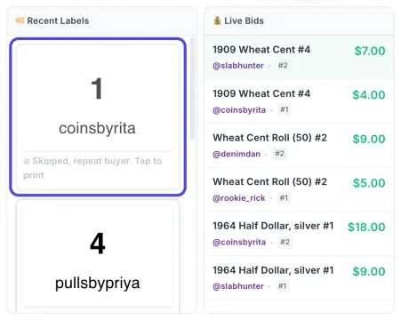 The Recent Labels column next to Live Bids, with the newest tile circled: buyer 1, coinsbyrita, marked Skipped, repeat buyer. Tap to print.