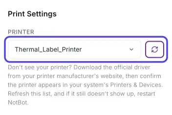The Print Settings card with the Printer box, showing Thermal_Label_Printer, and the round arrows button beside it circled.