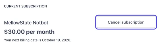 The Current subscription part of the billing page, with the Cancel subscription button circled.