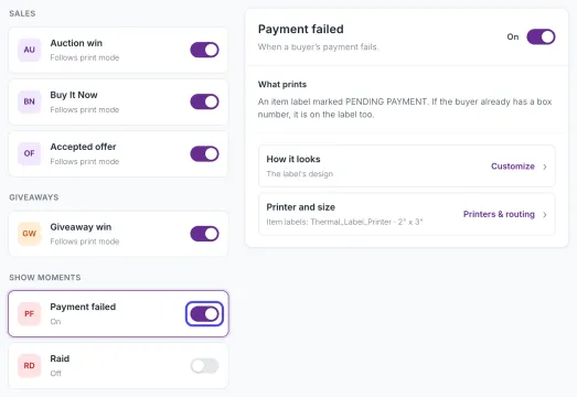 The Show moments group on the Label types page with the Payment failed row, whose switch is on and circled, and the Payment failed details box on the right.