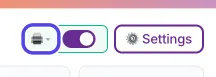 The top of the NotBot panel: a box with a green border holding the printer icon, circled, and a purple switch, next to the Settings button.