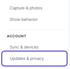 The list of settings pages on the left side of Advanced Settings, with Updates & privacy circled.