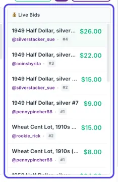 The Live Bids column, circled, with the newest bid at the top: 26 dollars from silverstacker_sue, bid number 4, followed by the earlier bids on the same coin and on earlier items.