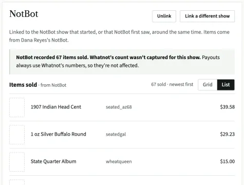 The NotBot box on a linked show: the Unlink button, how many items NotBot recorded as sold, the Grid and List buttons and the first items with their buyers and prices.