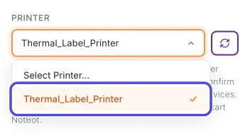The open Printer list with the printer Thermal_Label_Printer circled.