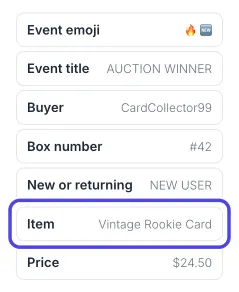 The Fields list on the left of the popup designer with the Item field, sample Vintage Rookie Card, circled.