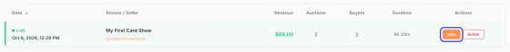 The Show History page with one show listed: My First Card Show by maplestreetcards, with its revenue, 2 auctions and buyer count. The orange View button on its row is circled.