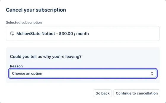 The Cancel your subscription box, showing the selected subscription and the Reason list, with Choose an option circled.