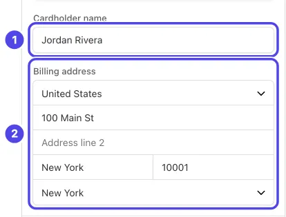 The Cardholder name box, numbered 1, and the Billing address boxes, numbered 2, filled in with a street address in New York.