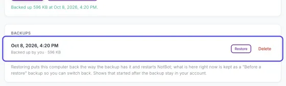 The green line confirming the backup, and below it the Backups box with one backup, marked Backed up by you, circled.