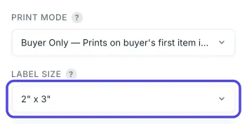 The Print Settings card with the Label Size box, showing 2 by 3 inches, circled.