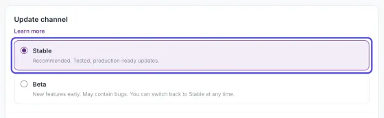 The Update channel setting with Stable chosen and circled, and Beta below it.