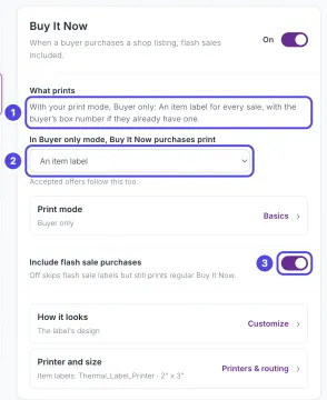 The Buy It Now panel on the Label types page. The What prints text is numbered 1, the In Buyer only mode, Buy It Now purchases print box (set to An item label) is numbered 2, and the Include flash sale purchases switch is numbered 3.