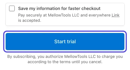 The bottom of the payment page, with the Save my information for faster checkout square left empty and the blue Start trial button circled.